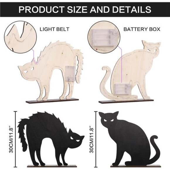 2PCS Wooden Black Cat Tabletop Decoration Sign with Lights for Halloween - Picture 2 of 7